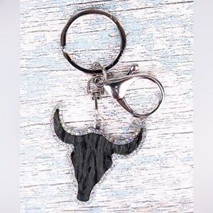 Rhinestone trimmed, faux leather, cow keychain